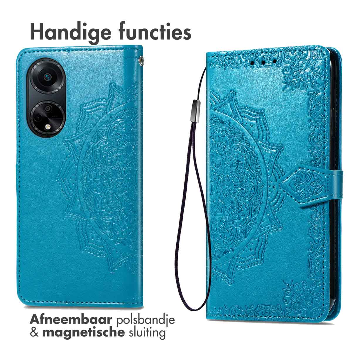 Coque de téléphone bleue avec un motif mandala. Dispose d'une dragonne et d'une fermeture magnétique.