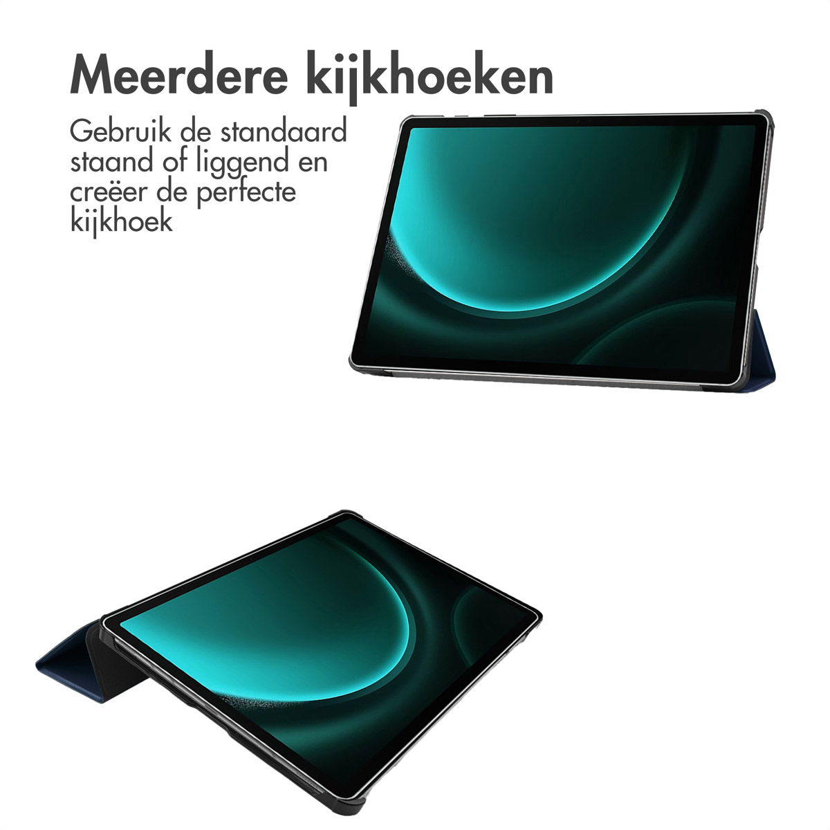 Tablethoes, met twee tablets in verschillende kijkhoeken. Tekst: 'Meerdere kijkhoeken'.