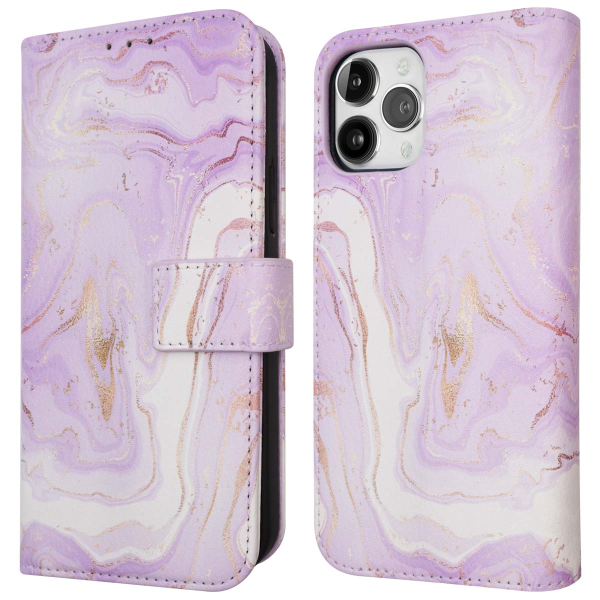 Paarse marmeren telefoonhoes, open de telefoon tonend. Gouden accenten.
