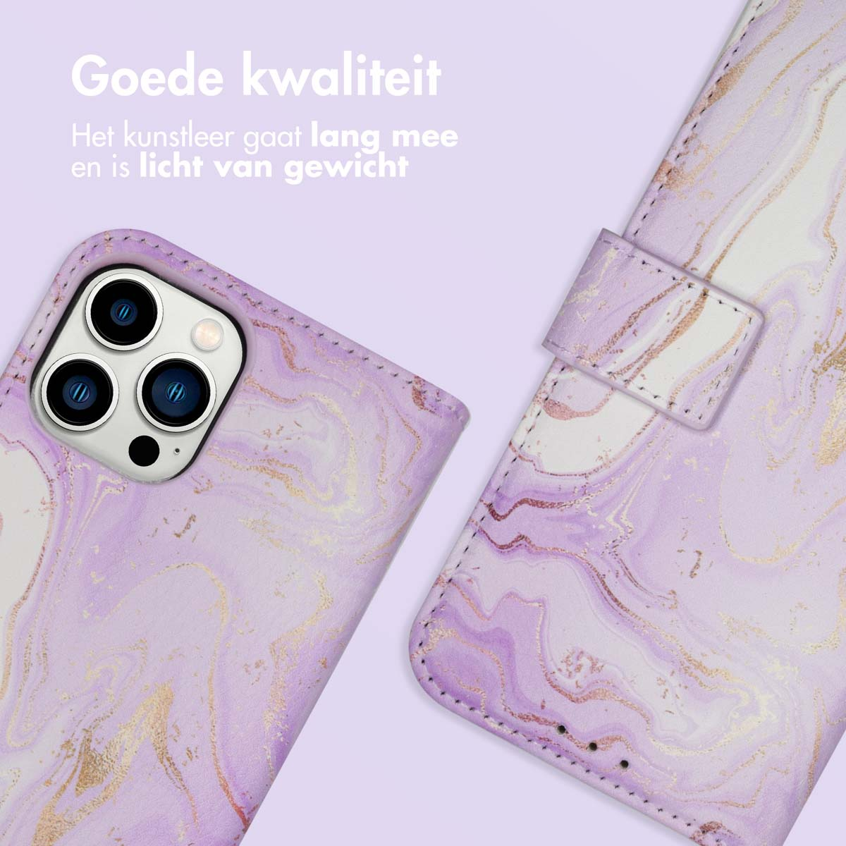 Paarse marmeren telefoonhoes en -cover. De cover is open en toont een telefoon.