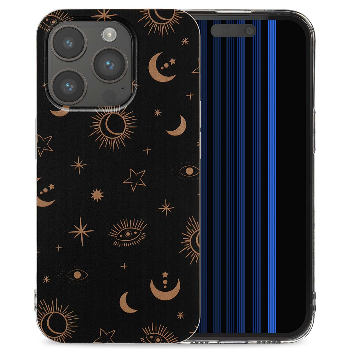Zwarte telefoonhoes met gouden hemels ontwerp. De case heeft een telefoonscherm.