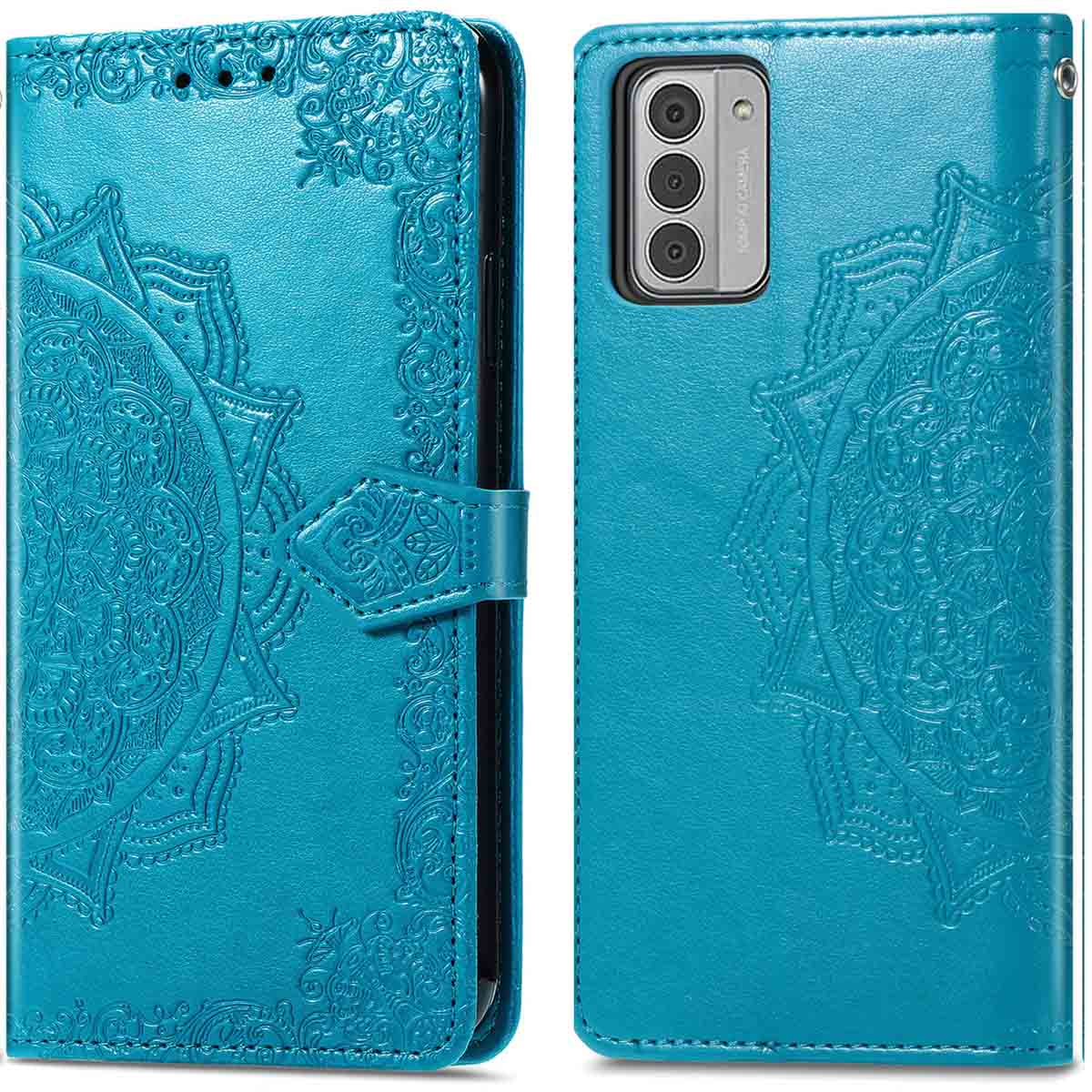 Coque bleue, ouverte et fermée. Design mandala, fermoir et téléphone avec appareil photo.