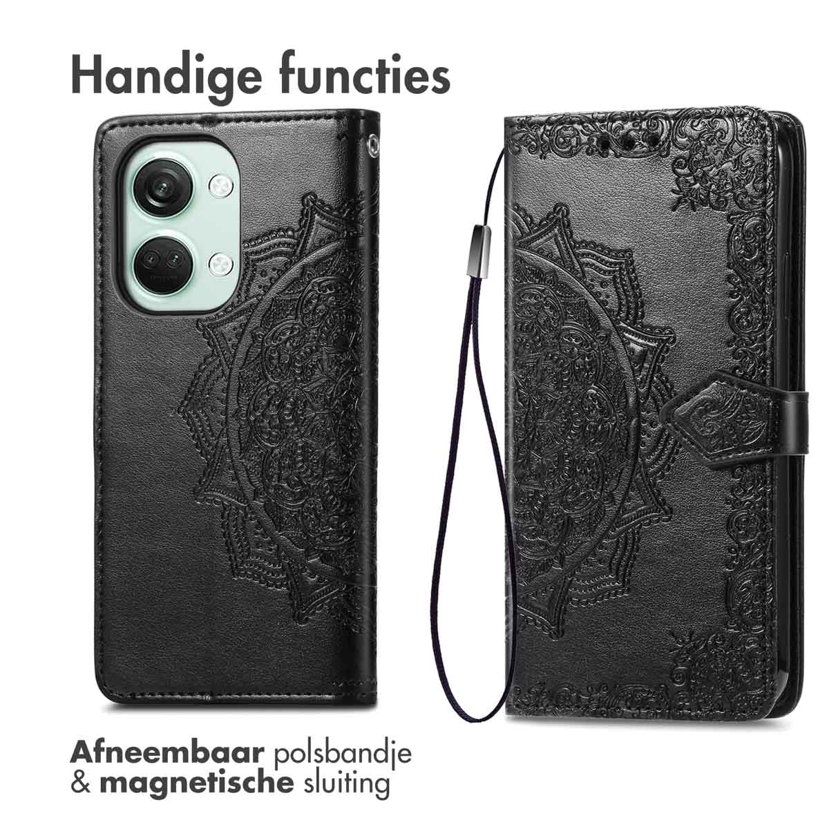 Zwarte telefoonhoes, open en dicht. Met mandala-ontwerp, polsbandje en magnetische sluiting.