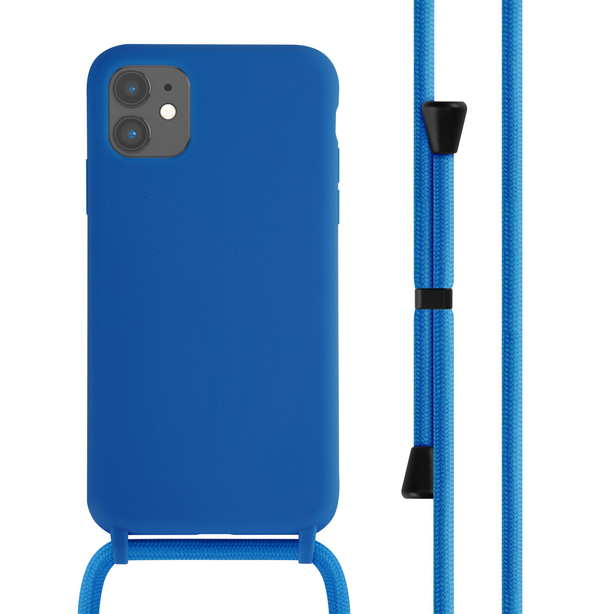 Blauwe telefoonhoes met koord. De hoes is bevestigd aan een blauw koord met verstelbare zwarte sluitingen.