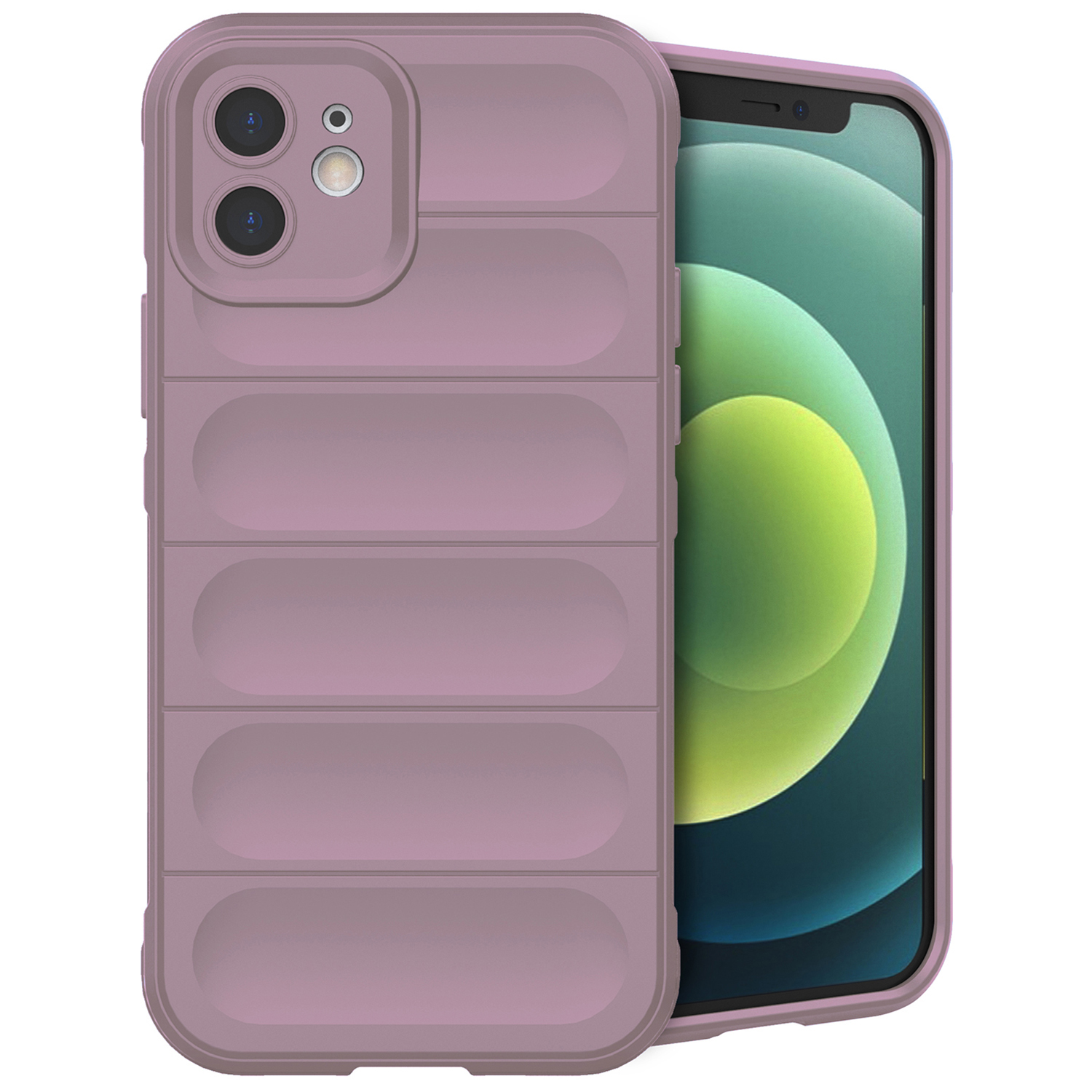 Een mauve telefoonhoesje met een getextureerd design, met de telefoon en de camera.