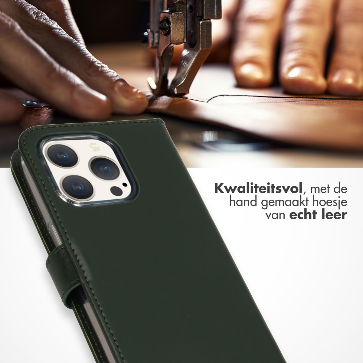 Grüne Leder-Handyhülle mit Telefon. Eine Hand näht das Leder.