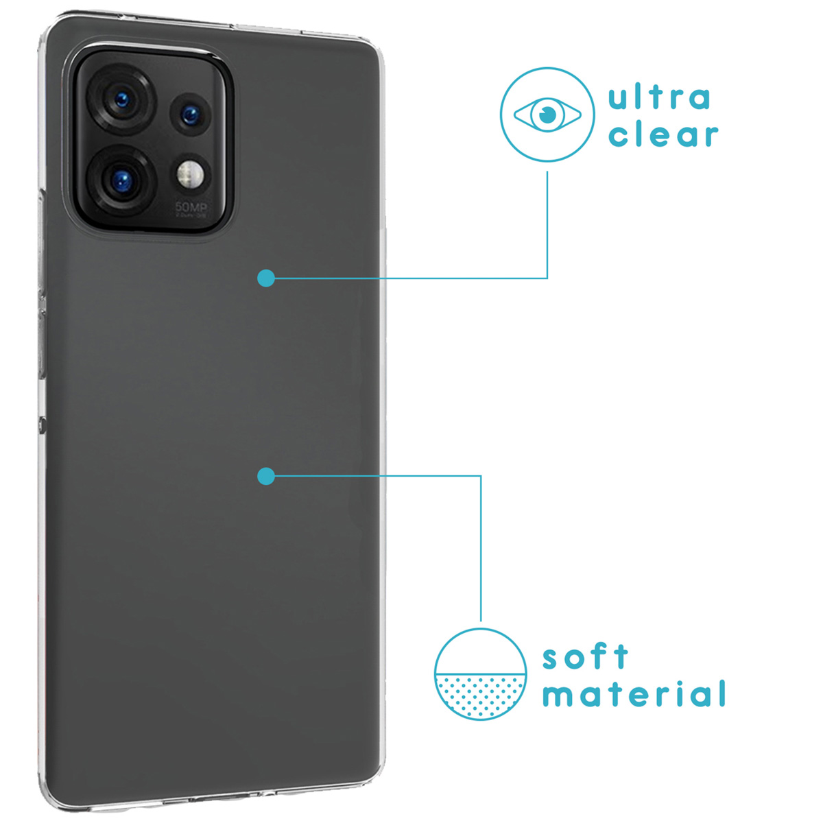 Telefono grigio scuro, custodia trasparente. Testo: ultra chiaro, materiale morbido. Telefono nella custodia.