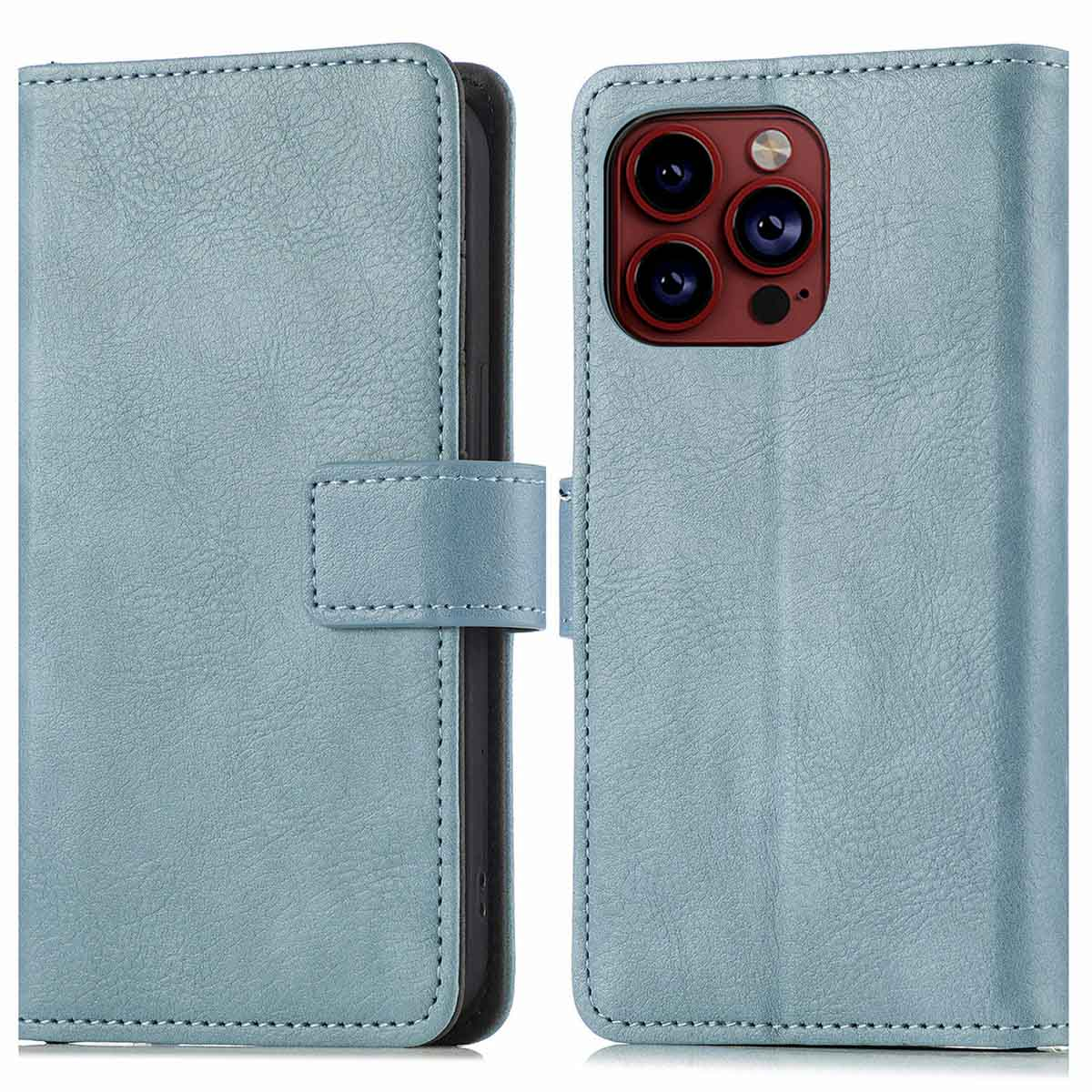 Une coque de téléphone bleue, ouverte montrant le téléphone et une fente pour carte.