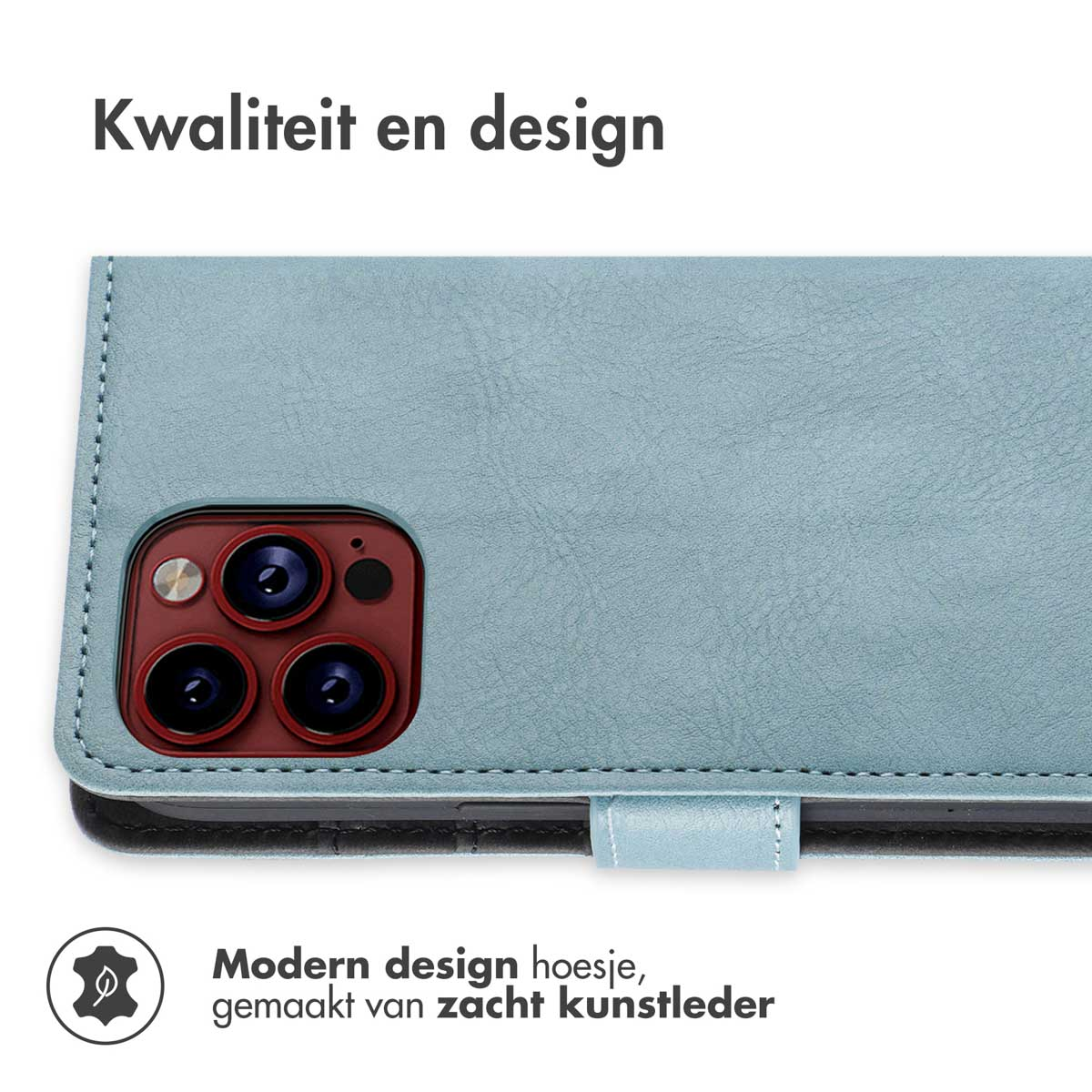 Coque de téléphone bleue avec un téléphone et des lentilles d'appareil photo. Le fond est blanc.