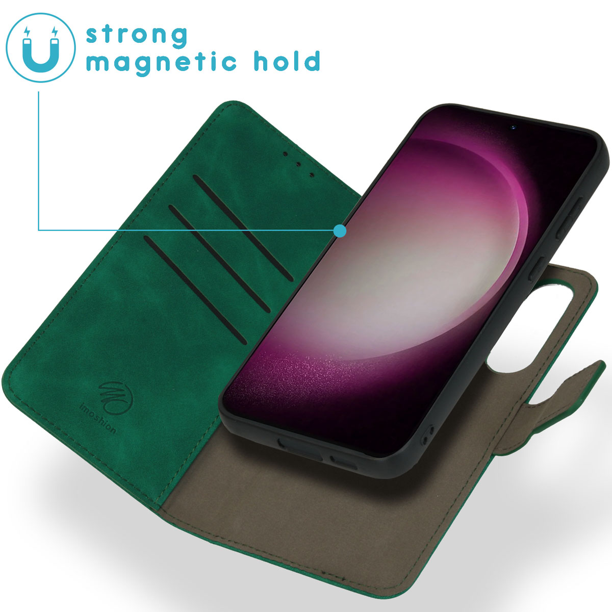 Groene telefoonhoes open met een telefoon erin. De telefoon is donker met een roze scherm.