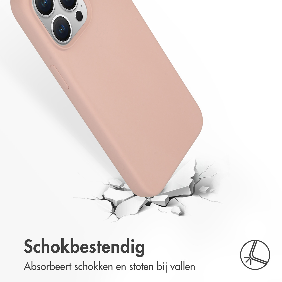 Roze telefoonhoes met impactscheuren op het oppervlak. Tekst: Schokbestendig.