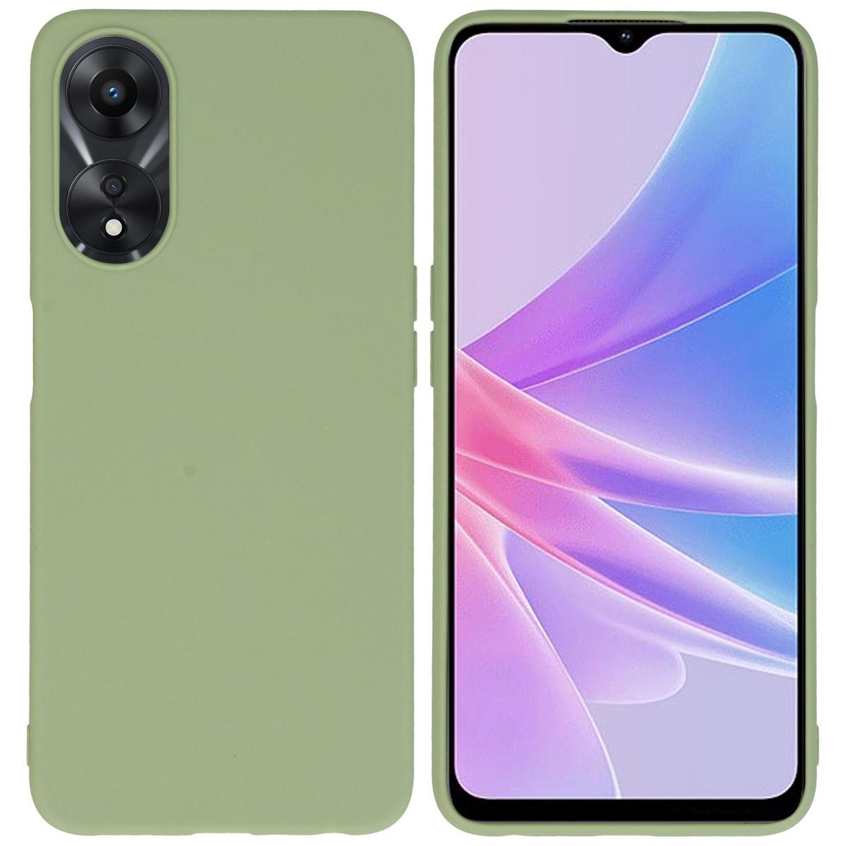 Olijfgroene telefoonhoes, met telefoon erin. Twee camera's aan de achterkant.