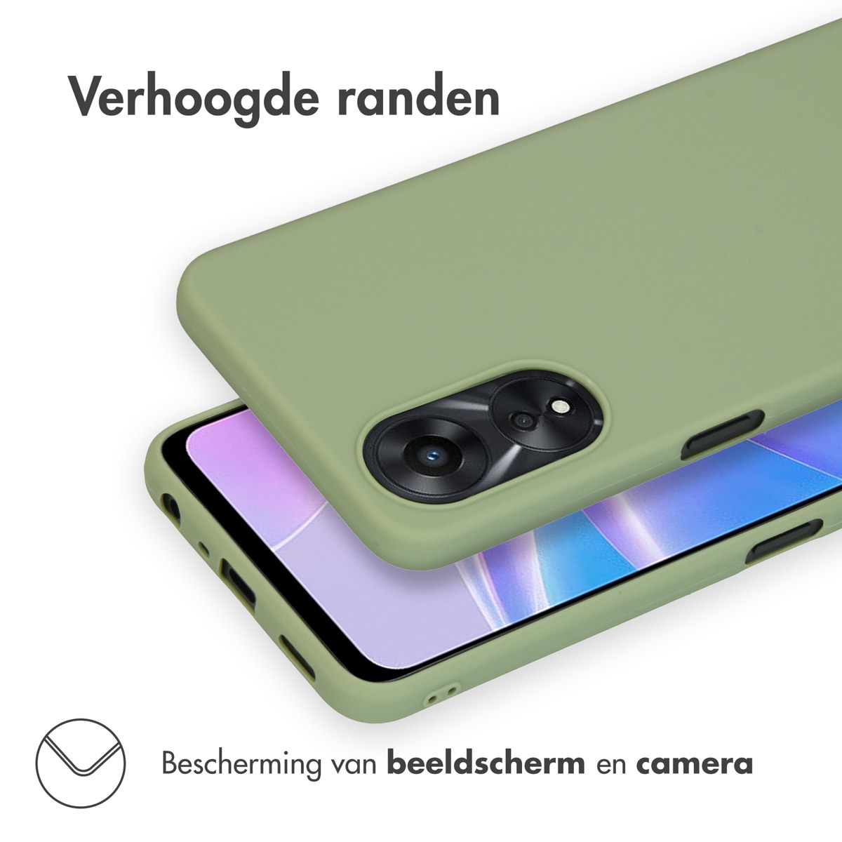 Groene telefoonhoes op een telefoon, iets boven de telefoon. De hoes heeft verhoogde randen.