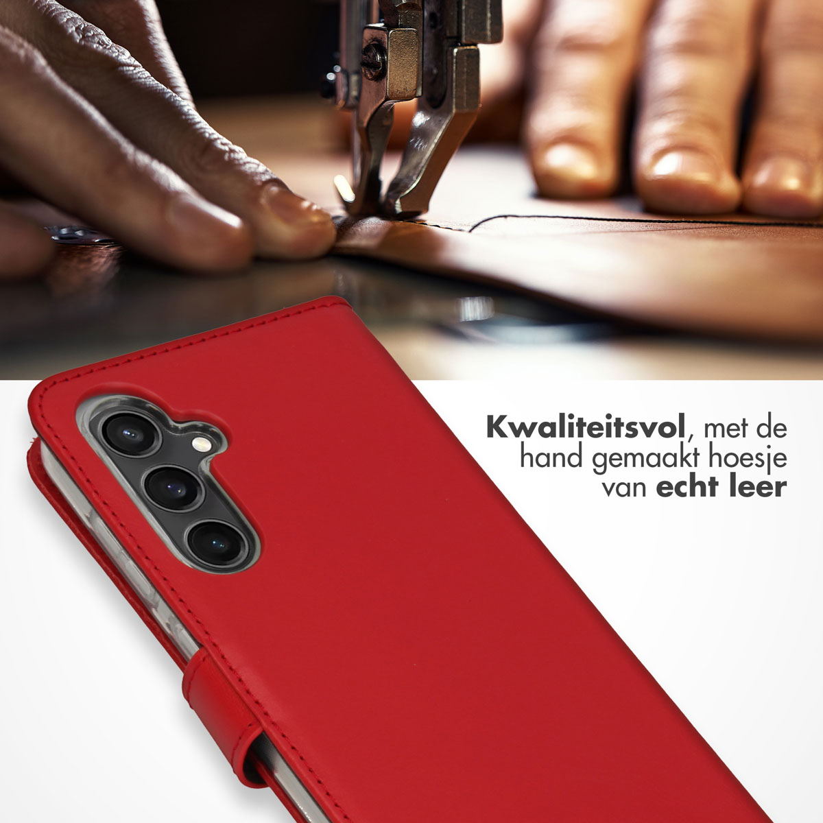 Rode leren telefoonhoes wordt gestikt. Tekst: Hoogwaardige, handgemaakte hoes van echt leer.