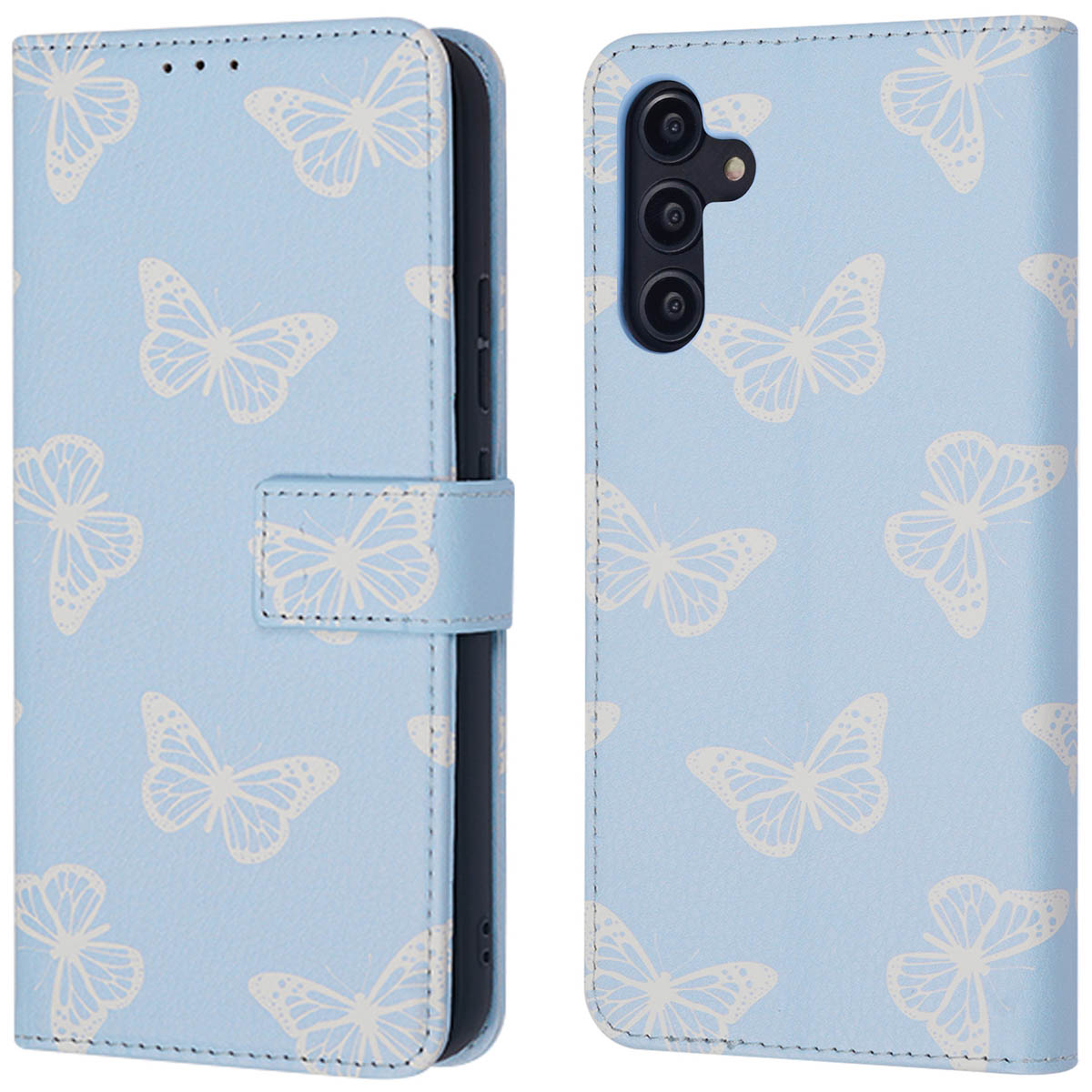 Lichtblauwe telefoonhoes met vlinderontwerp, open en dicht. Met sluiting en telefoon.