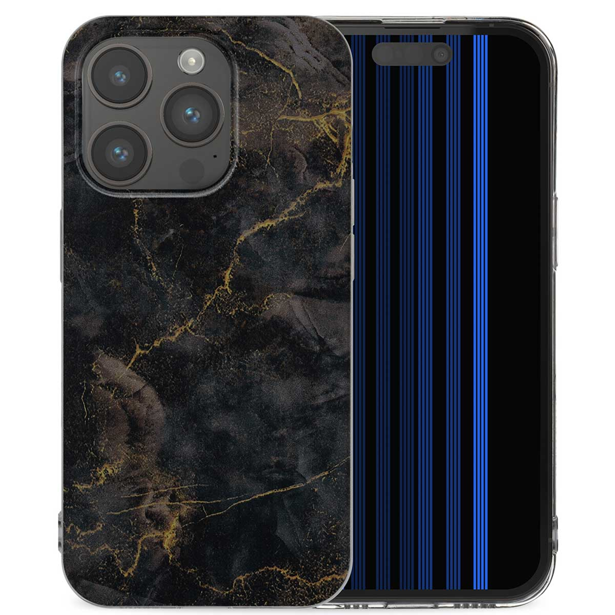 Une coque de téléphone avec un motif de marbre noir, avec un téléphone à l'intérieur montrant des rayures bleues et noires.