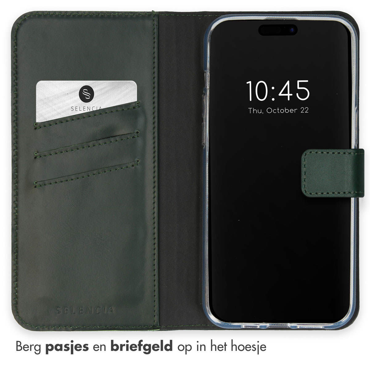 Coque de téléphone verte avec téléphone et emplacements pour cartes. Le téléphone affiche l'heure.