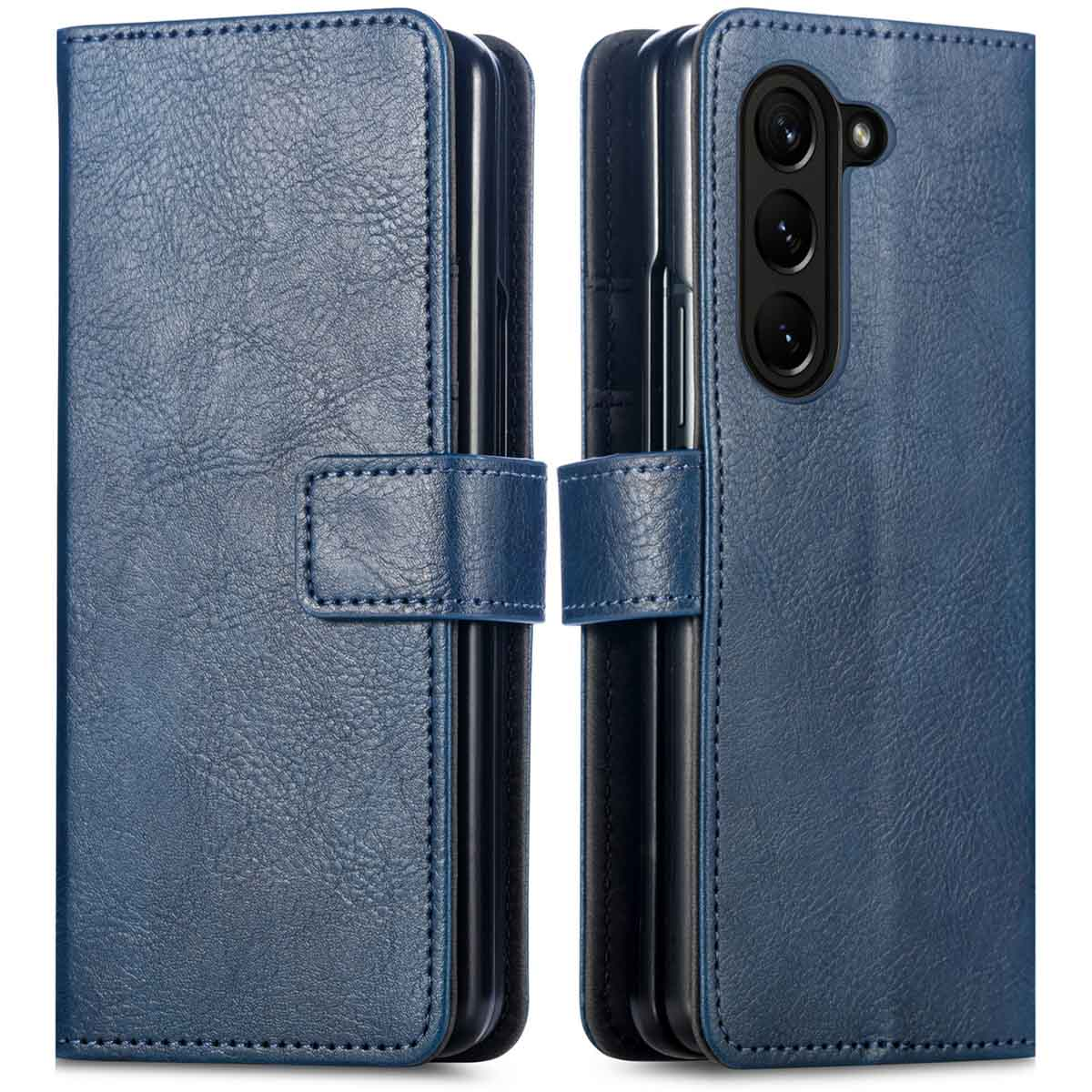 Custodia per telefono in pelle blu, aperta e spiegata.