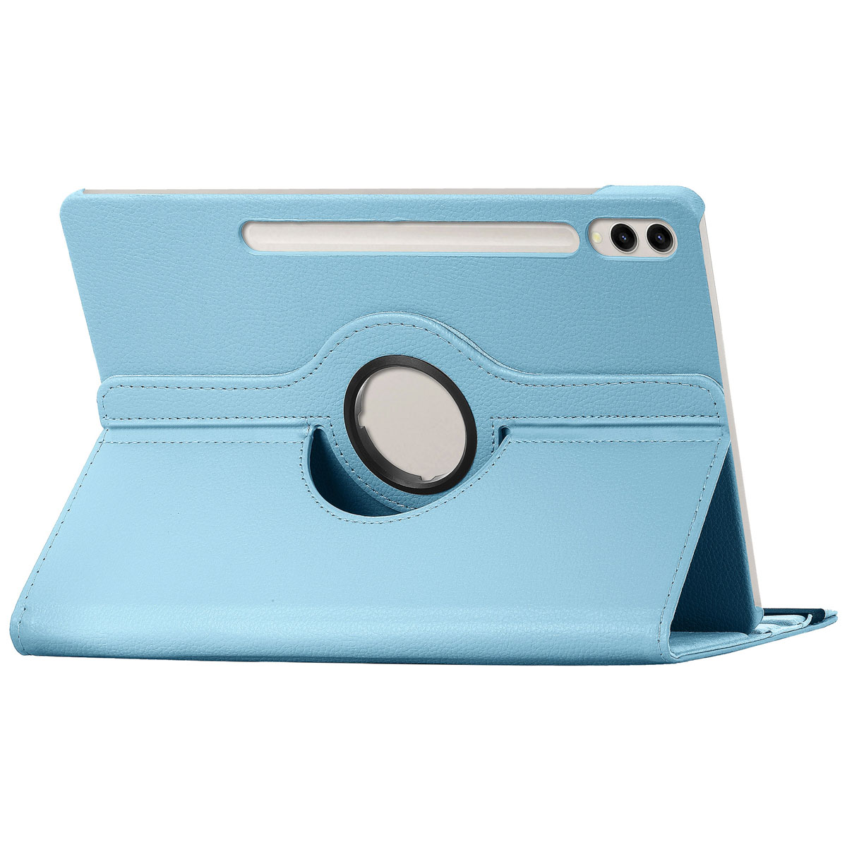 Blauwe tablethoes, open, met een tablet erin. De hoes kan als standaard worden gebruikt.