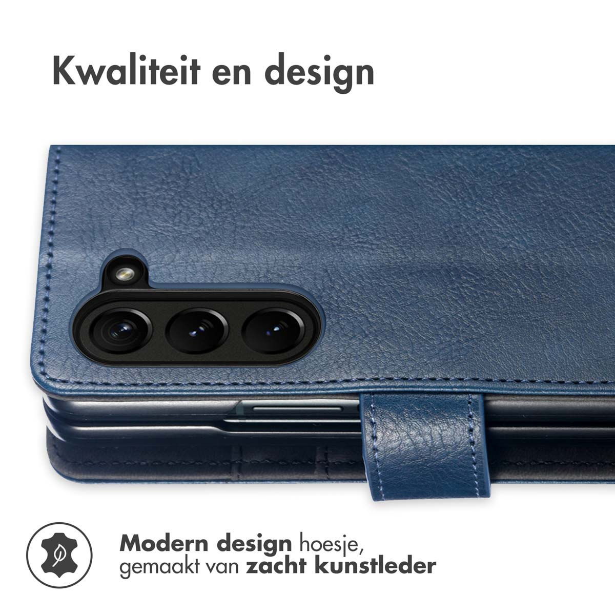 Custodia per telefono in pelle blu con telefono all'interno. Testo: Qualità e design. Testo: Design moderno.