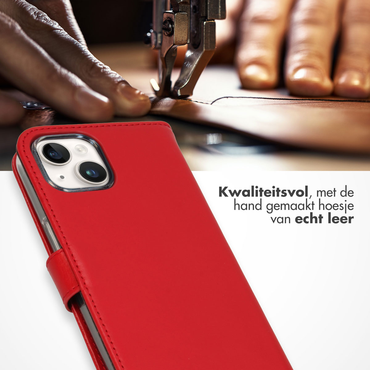 A red leather phone case, a hand sewing it. The phone's camera is visible.