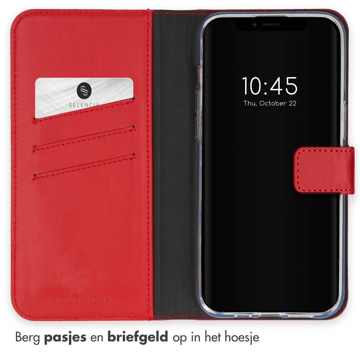 Red phone case, open, with card slots and a phone showing the time.