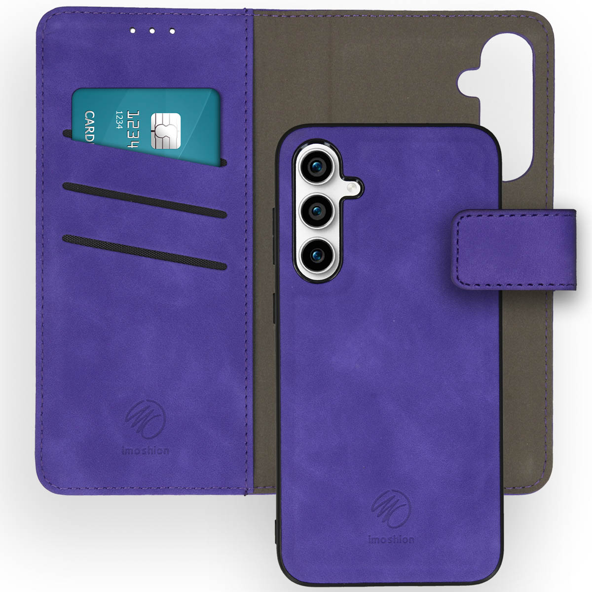 Paarse telefoonhoes met een telefoon en een kaartsleuf. De telefoon is zichtbaar.