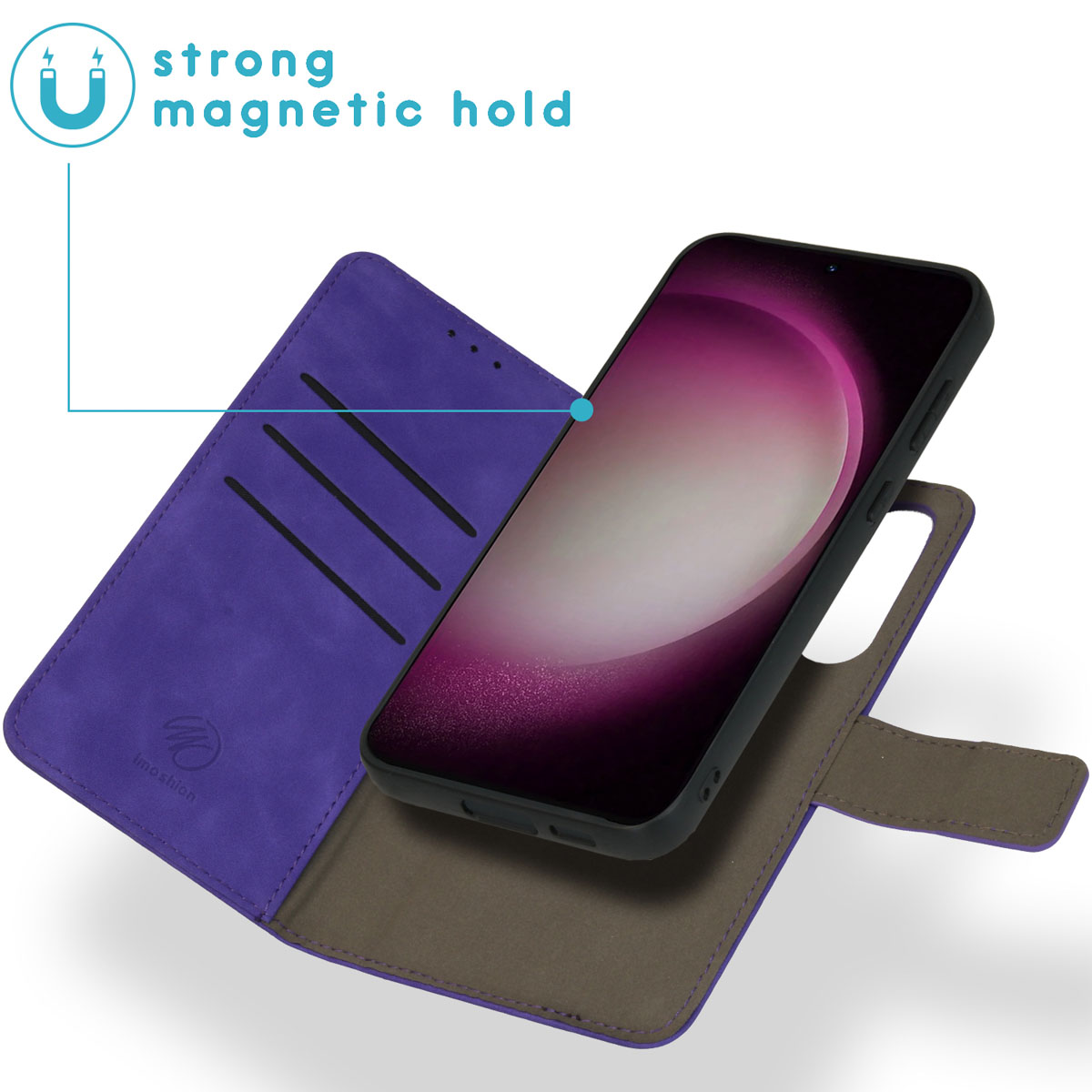 Paarse telefoonhoes, een telefoon en een sterk magnetisch vasthoudbord.