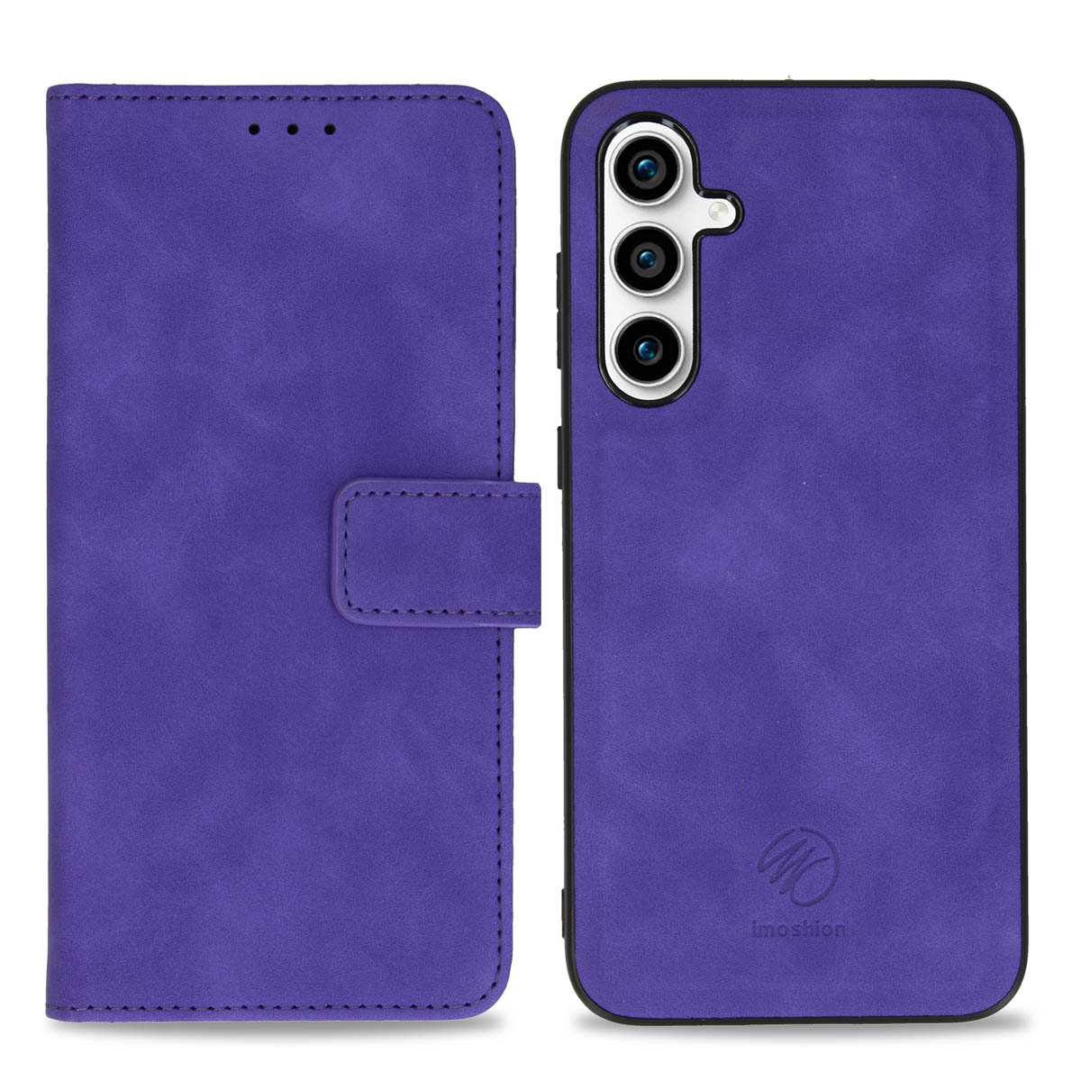 Paarse telefoonhoes, gesloten en open, met een telefoon.