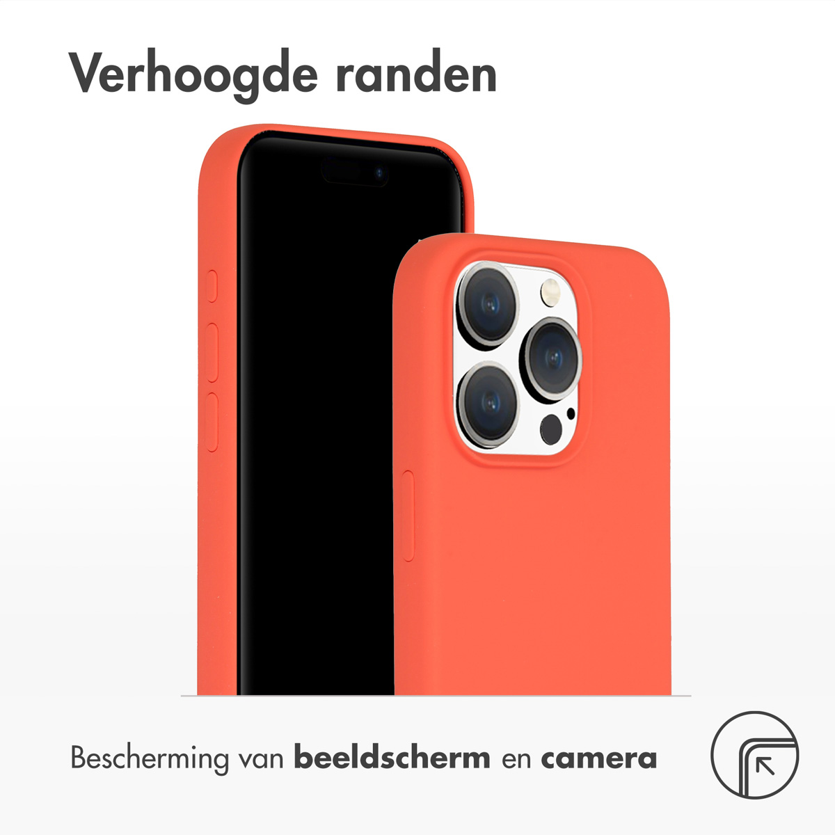 Orangene Handyhülle und schwarzes Telefon. Die Hülle hat erhöhte Ränder.