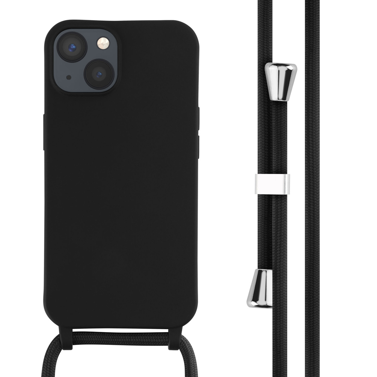 Coque de téléphone noire avec cordon noir. Accents argentés.