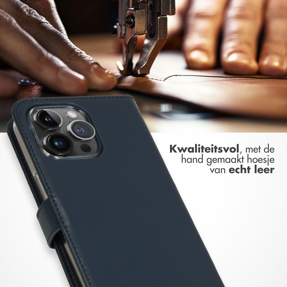 Étui de téléphone en cuir cousu à la main. Cuir bleu, téléphone.