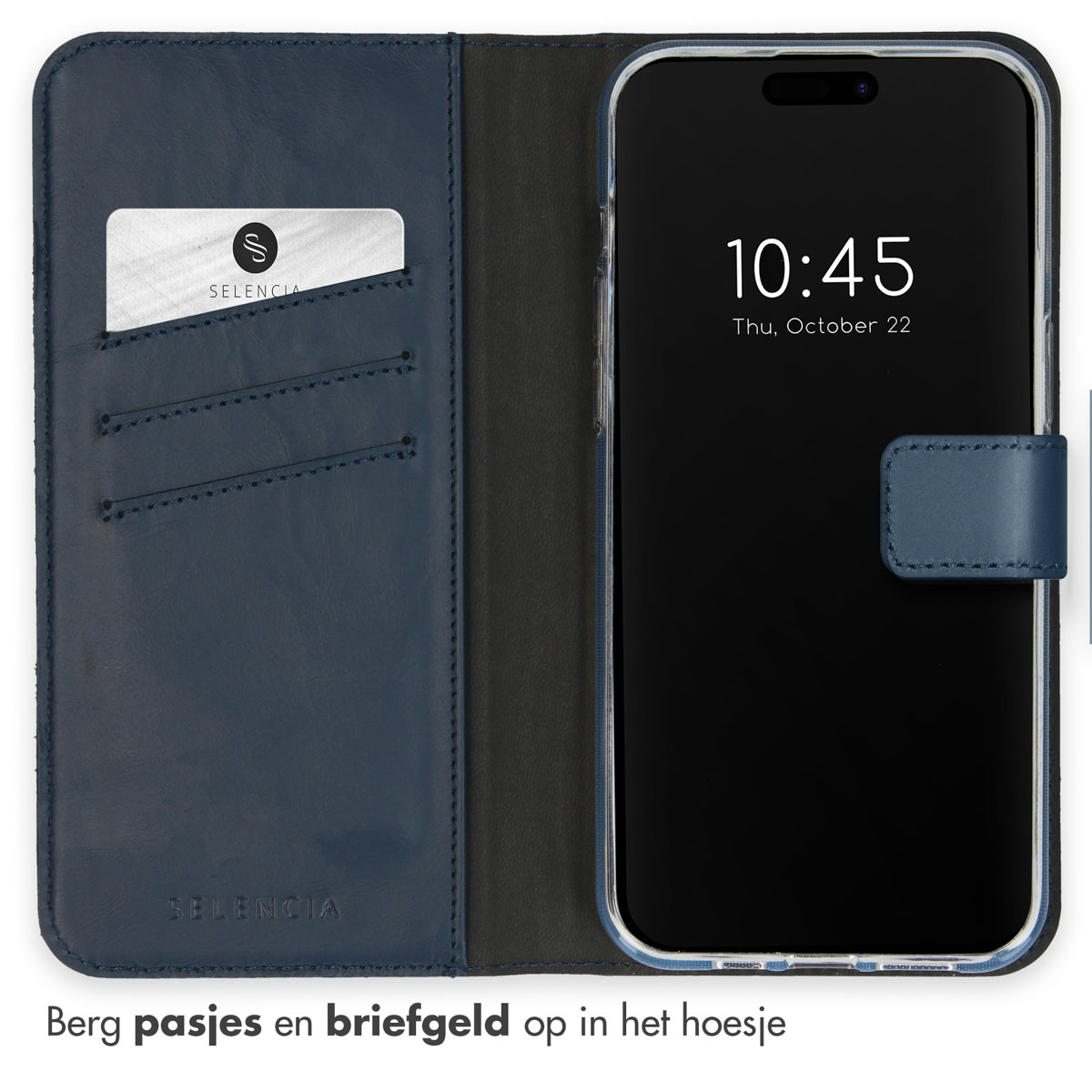 Un étui de téléphone bleu ouvert, montrant un téléphone avec l'heure 10h45. L'étui a des fentes.