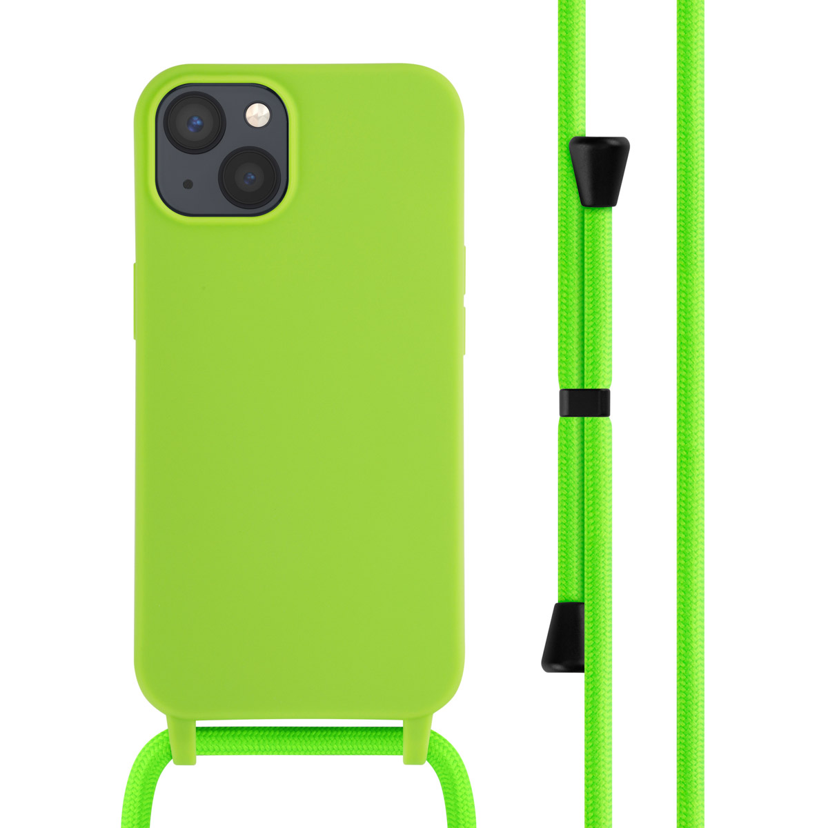 Un étui de téléphone vert citron avec un cordon vert est présenté sur fond blanc.