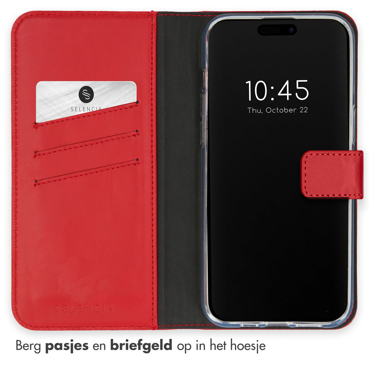 Rote Handyhülle mit Telefon, das die Zeit anzeigt, und Karte im Fach.
