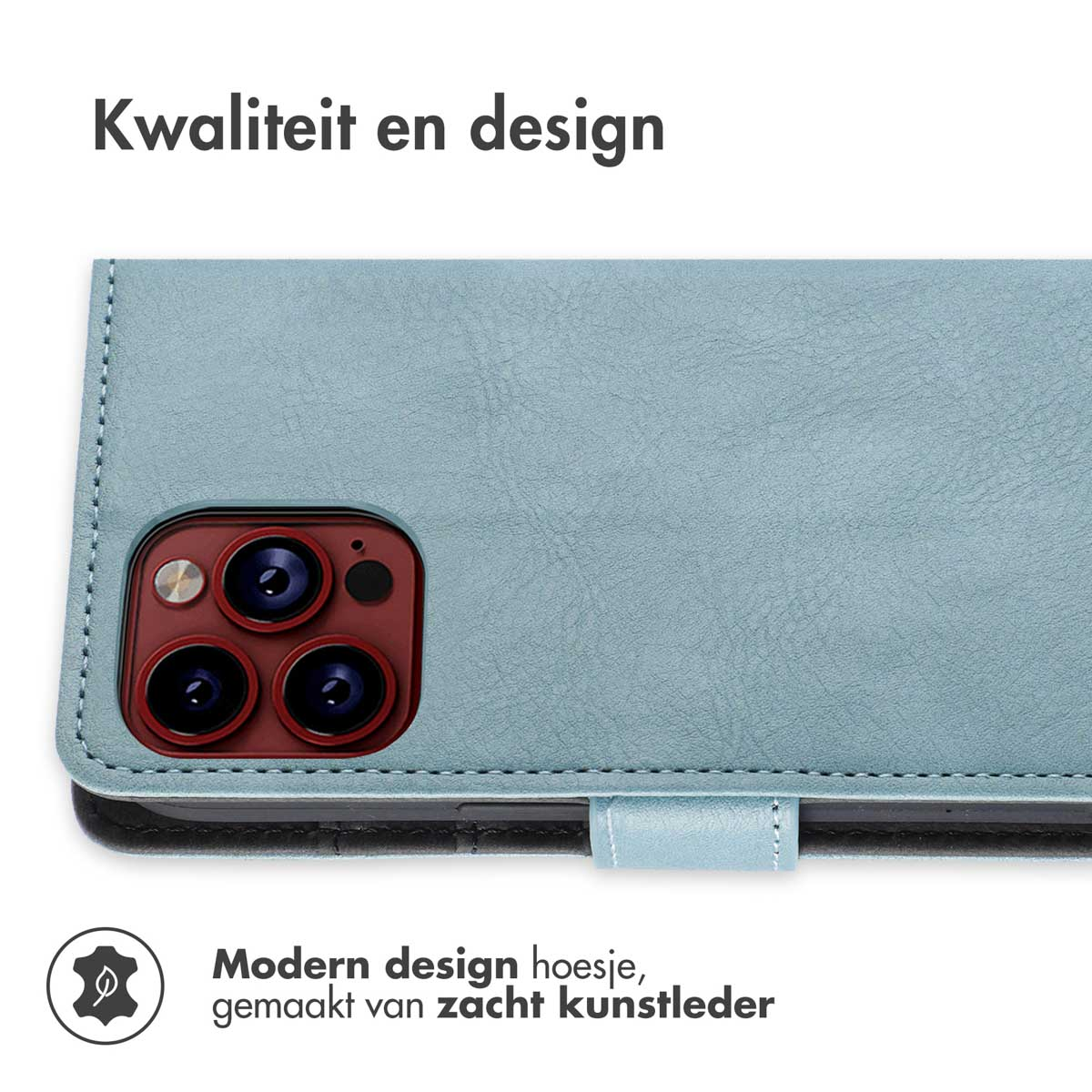 Hellblaue Handyhülle, die ein Telefon mit Kameralinsen zeigt. Der Text lautet: Qualität und Design. Aus weichem Leder.