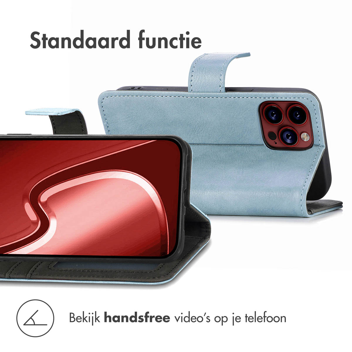 Hellblaue Handyhülle offen, zeigt ein Telefon. Text: 'Bekijk handsfree video's'.