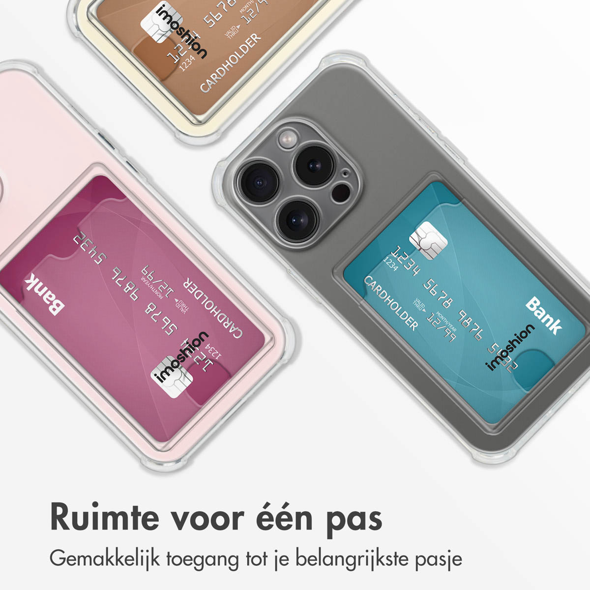 Drie telefoonhoesjes met kaarten erin. Tekst: ruimte voor één pas. Imoshion logo zichtbaar.