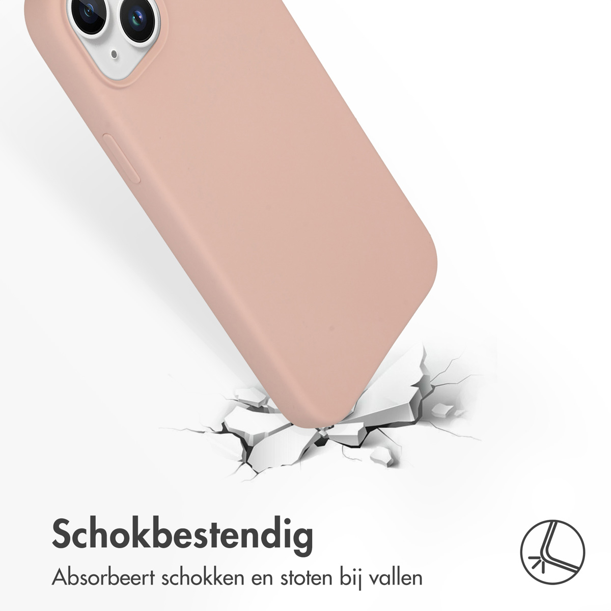 Een roze telefoonhoes staat op het punt om een oppervlak te raken, waardoor het breekt. Het absorbeert schokken bij vallen.