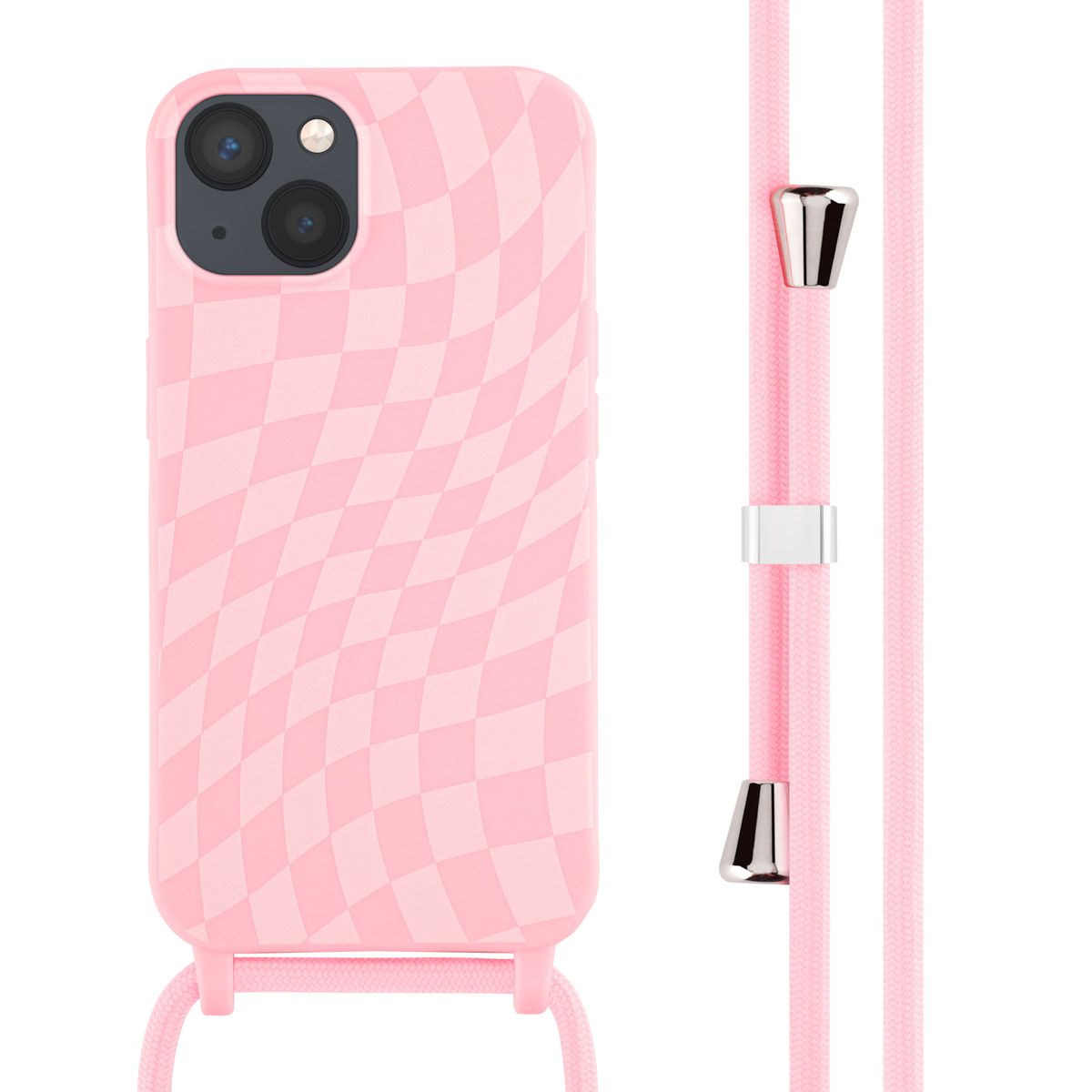 Roze telefoonhoes met ruitpatroon en koord. Met roze ruitpatroon en een koord.