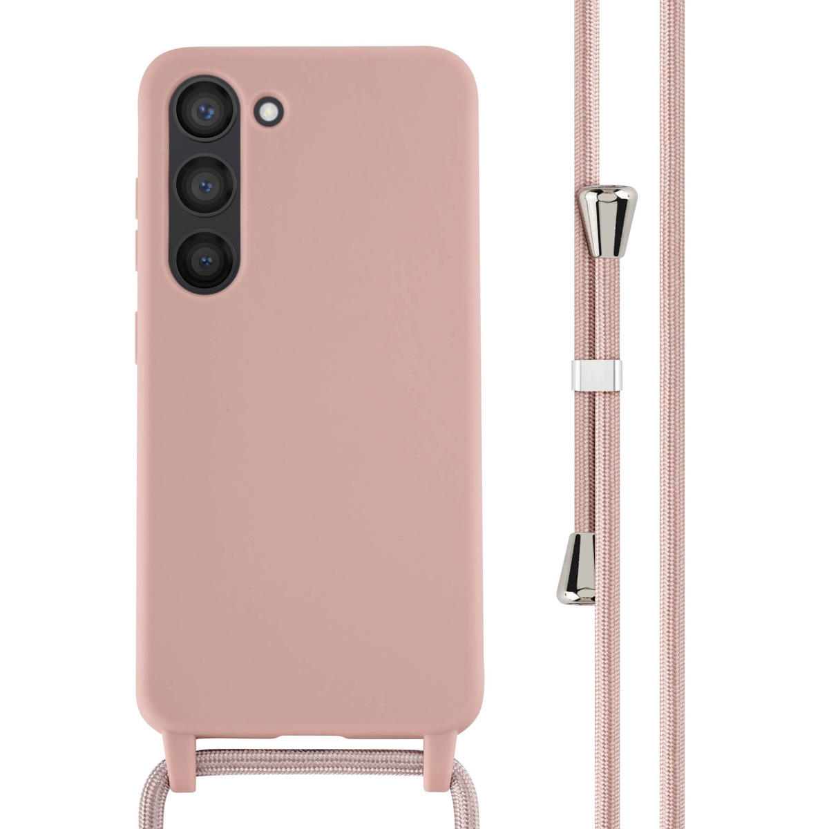 Roze telefoonhoesje met drie cameralenzen en een bijpassend koord met metalen accenten.