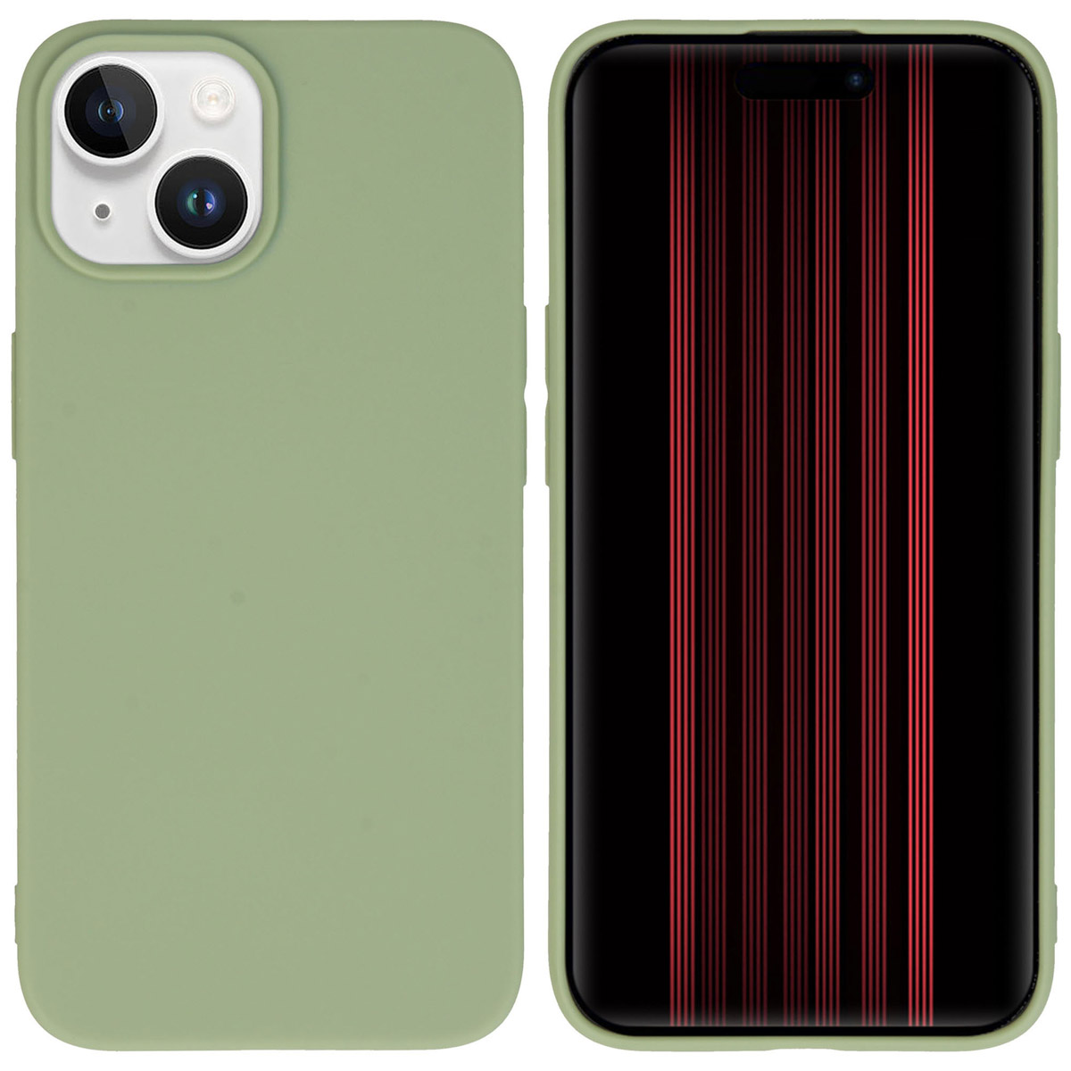 A green phone case with a phone inside, showing the back and front.