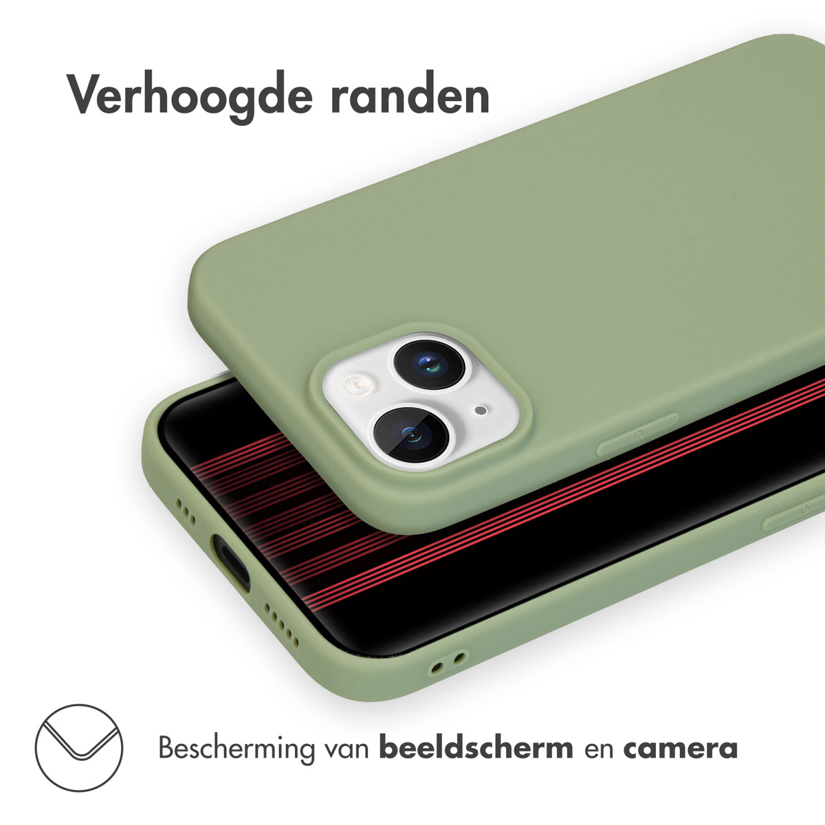 Green phone case on a black phone. Text at the top says 'Verhoogde randen'. Text at the bottom says 'Bescherming van beeldscherm en camera'.
