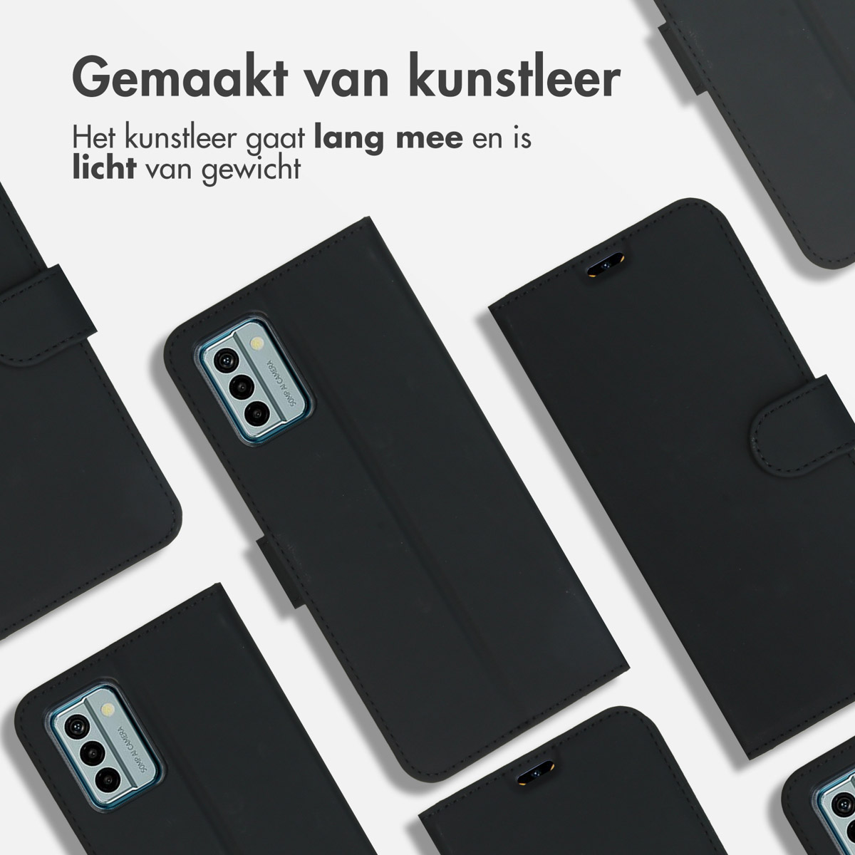 Étuis de téléphone en cuir noir. Plusieurs étuis avec téléphones, le texte indique fabriqué en cuir synthétique.