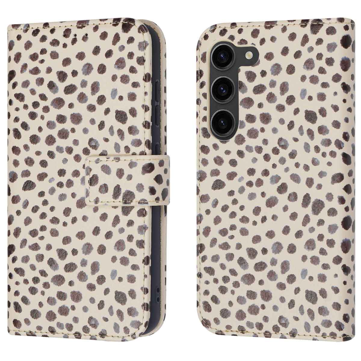 Étui de téléphone beige à pois marron, ouvert et fermé. Comporte une attache.