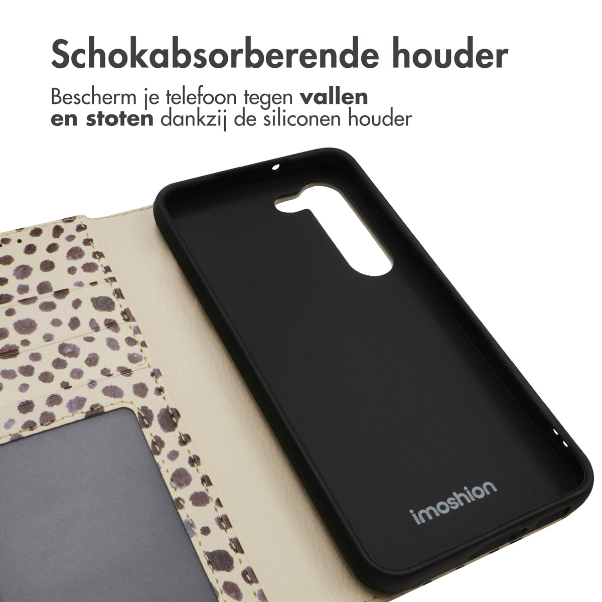 Coque de téléphone noire avec téléphone noir. Intérieur imprimé léopard. Texte : Support absorbant les chocs.