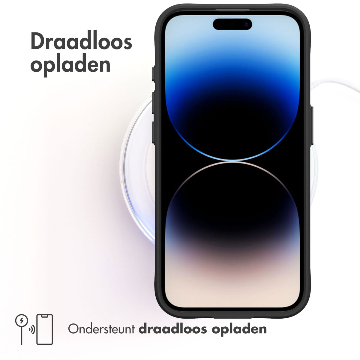 Telefono nero su un caricabatterie wireless. Testo: Ricarica wireless supportata. Il telefono ha una custodia nera.