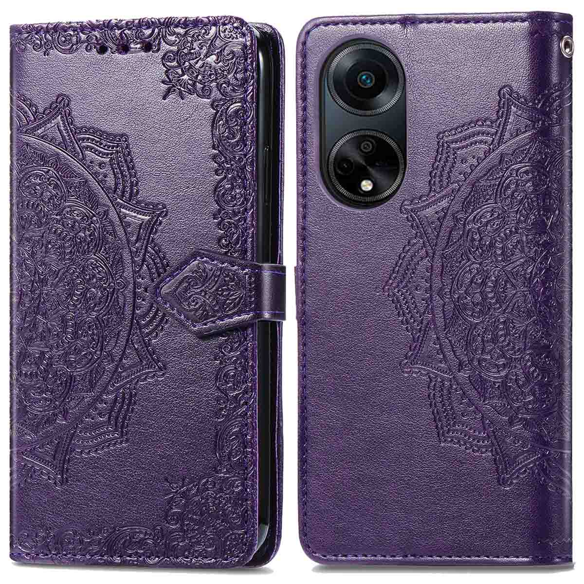 Coque de téléphone violette, ouverte, avec motif mandala. Le téléphone a deux caméras. Fond blanc.