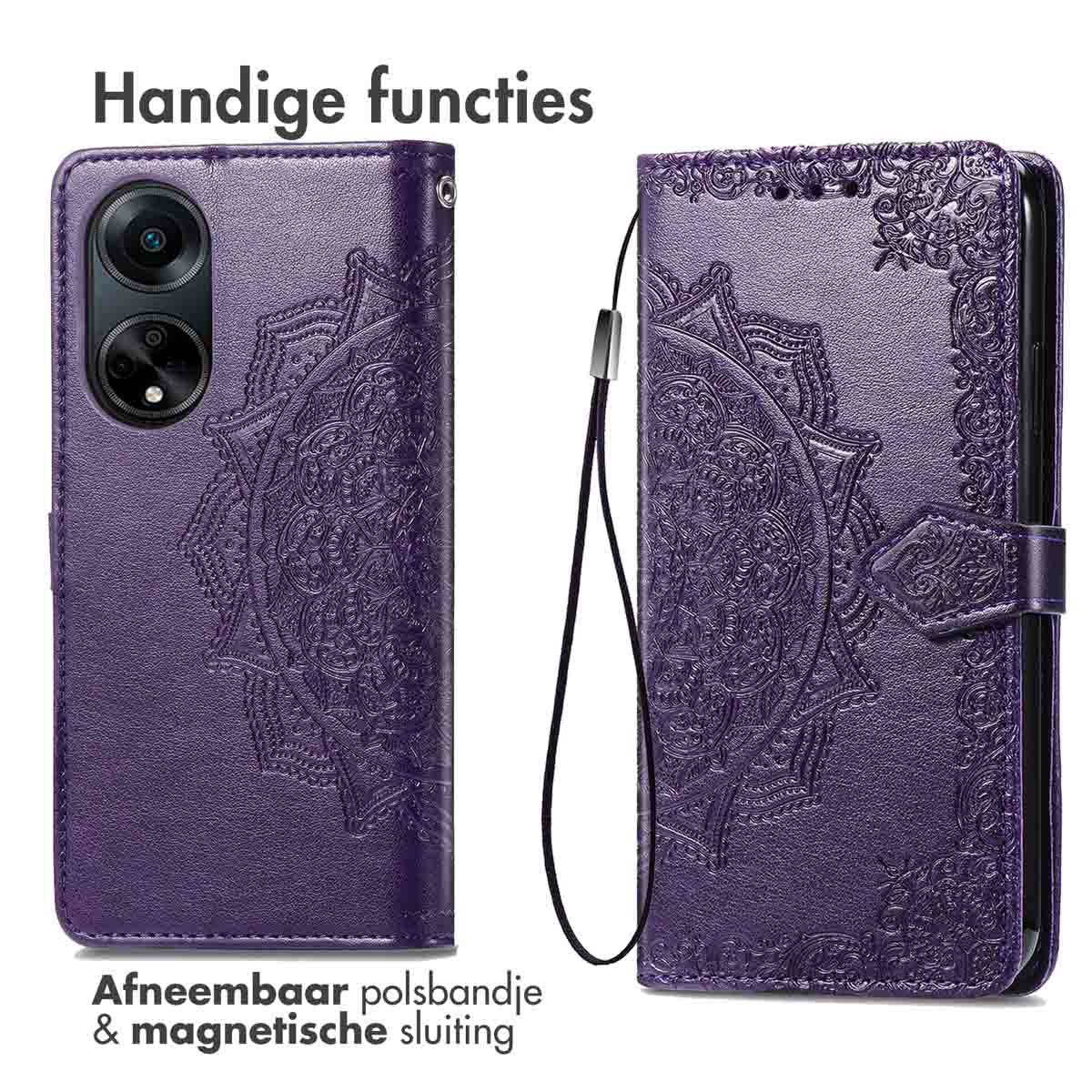 Coque de téléphone violette avec motif mandala et sangle. Fond blanc.