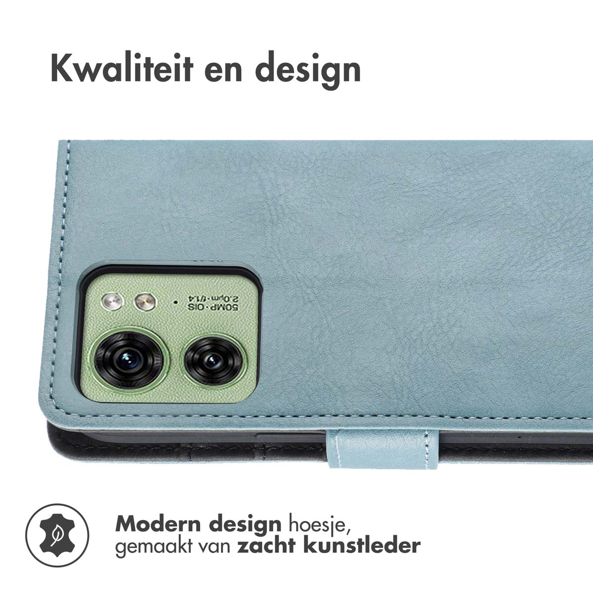 Telefoonhoesje, lichtblauw, met zichtbare telefoon. Met een sluiting.